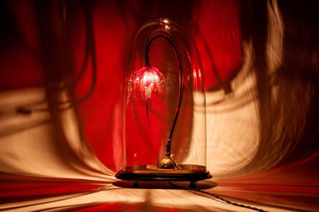 Red fuchsia style Triffid table lamp by Emerald Faerie.