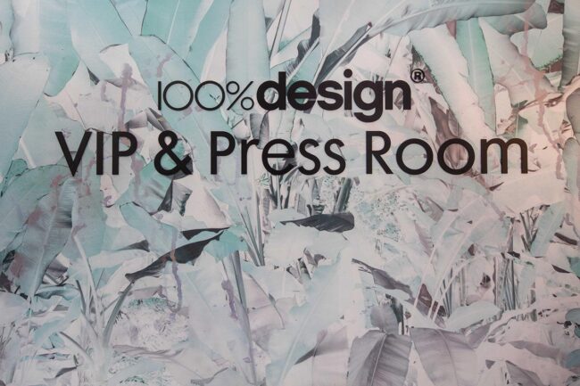 sign for the VIP & Press room at the 100% Design interiors show Featuring Elli Popp wallpaper